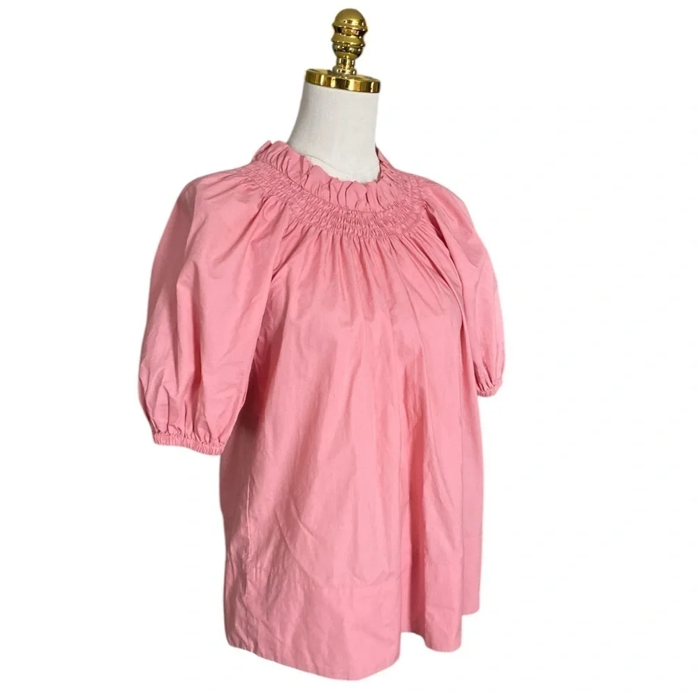 J CREW Smocked Ruffled Neck Puff-Sleeve Cotton Oversized Poplin Top Women's XXS
